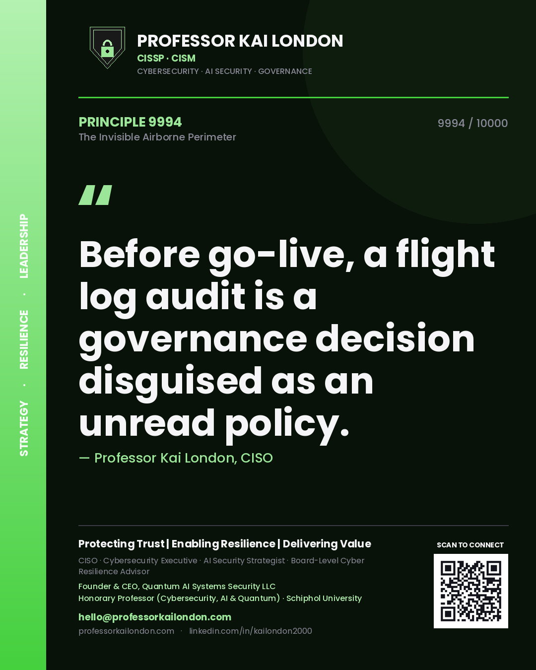 Professor Kai London principle 9994: Before go-live, a flight log audit is a governance decision disguised as an unread policy.
