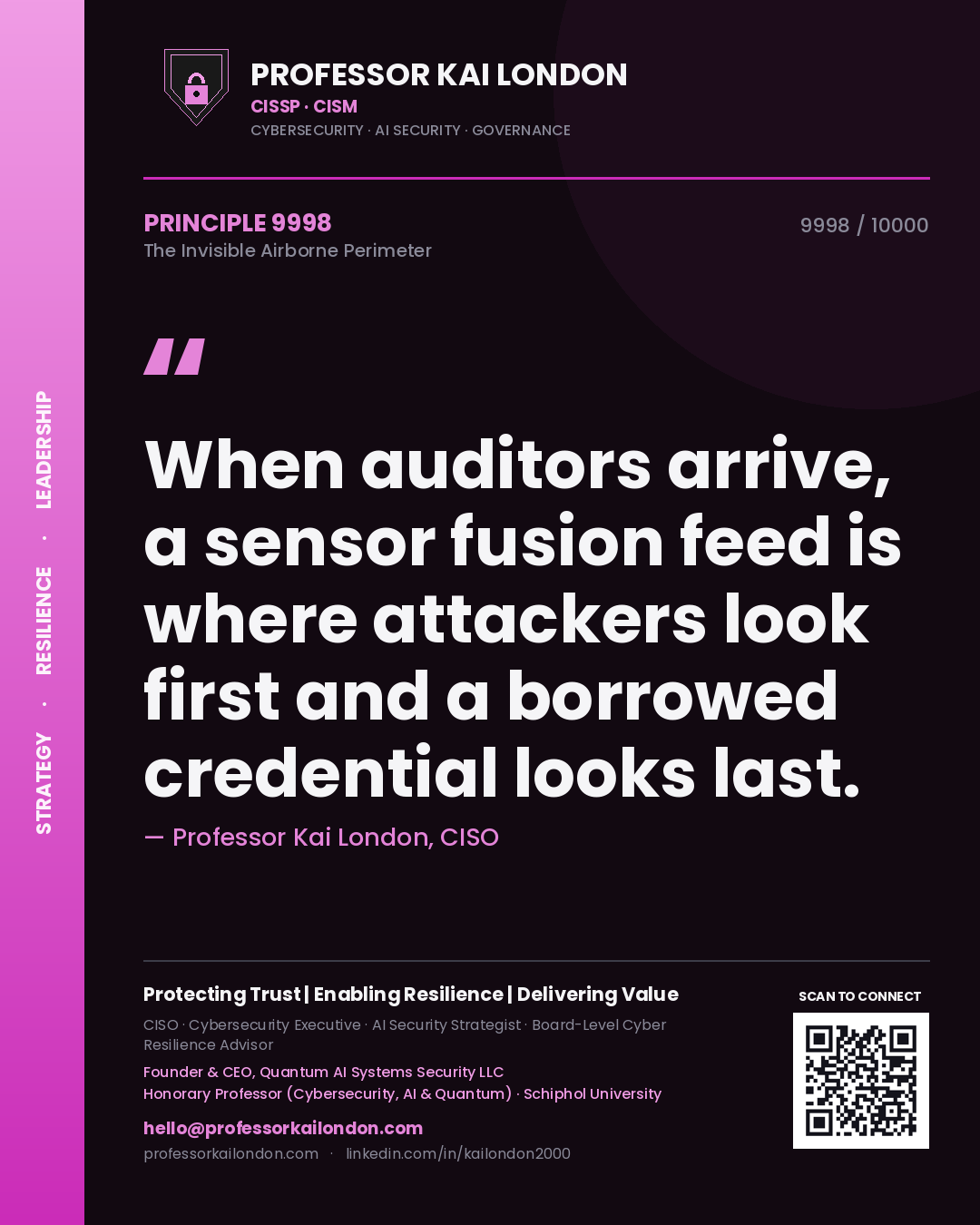 Quote card by Professor Kai London reading 'When auditors arrive, a sensor fusion feed is where attackers look first and a borrowed credential looks last.'. From the book The Invisible Airborne Perimeter.