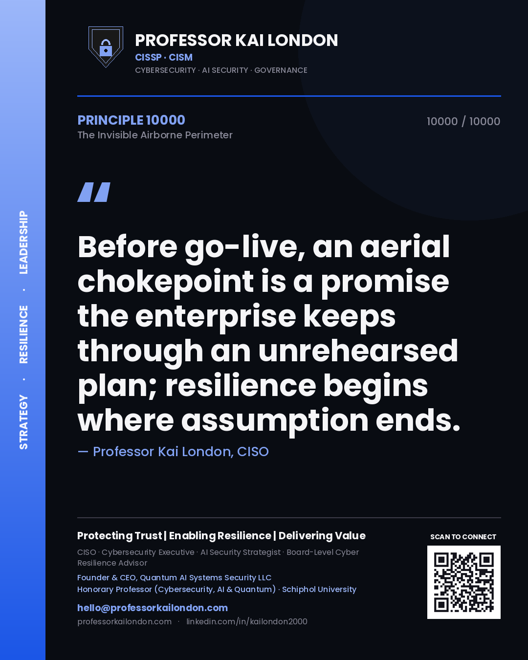 Professor Kai London principle 10000: Before go-live, an aerial chokepoint is a promise the enterprise keeps through an unrehearsed plan; resilience begins where assumption ends.