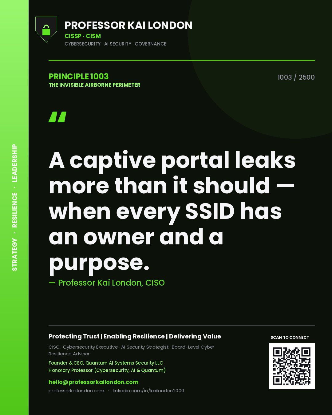 Quote card by Professor Kai London reading 'A captive portal leaks more than it should — when every SSID has an owner and a purpose.'. From the book The Invisible Airborne Perimeter.