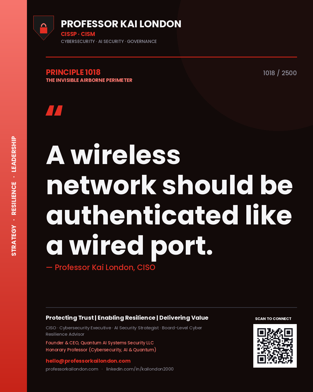 Quote card by Professor Kai London reading 'A wireless network should be authenticated like a wired port.'. From the book The Invisible Airborne Perimeter.