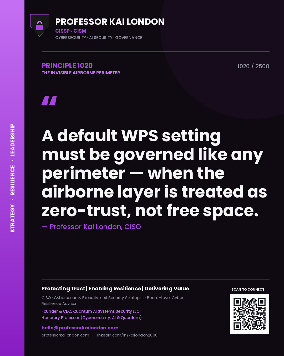 Quote card by Professor Kai London reading 'A default WPS setting must be governed like any perimeter — when the airborne layer is treated as zero-trust, not free space.'. From the book The Invisible Airborne Perimeter.