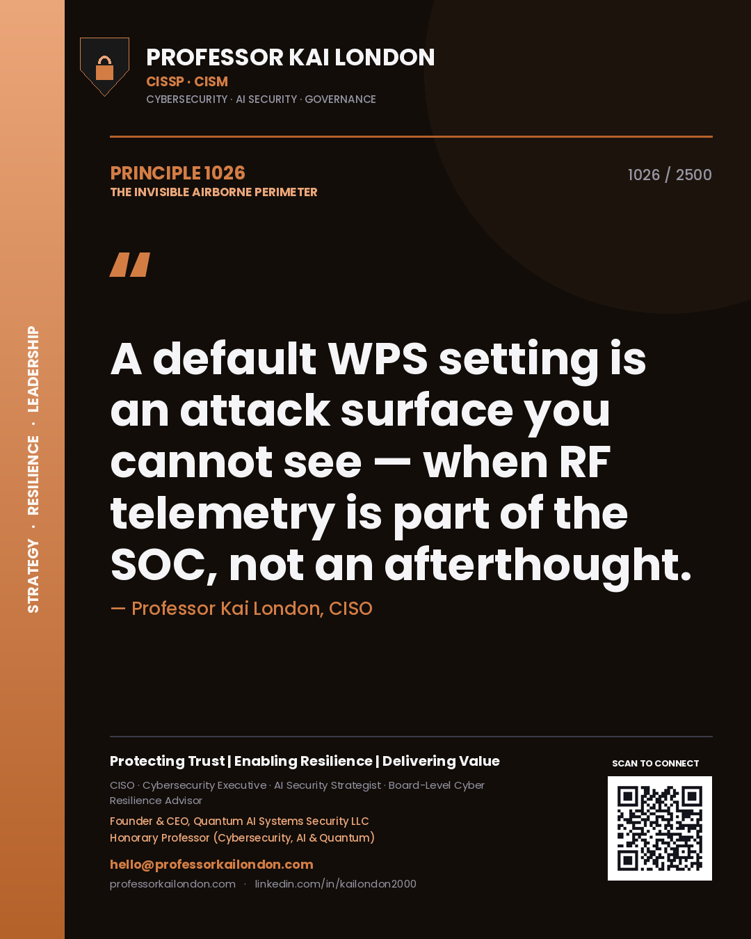 Quote card by Professor Kai London reading 'A default WPS setting is an attack surface you cannot see — when RF telemetry is part of the SOC, not an afterthought.'. From the book The Invisible Airborne Perimeter.