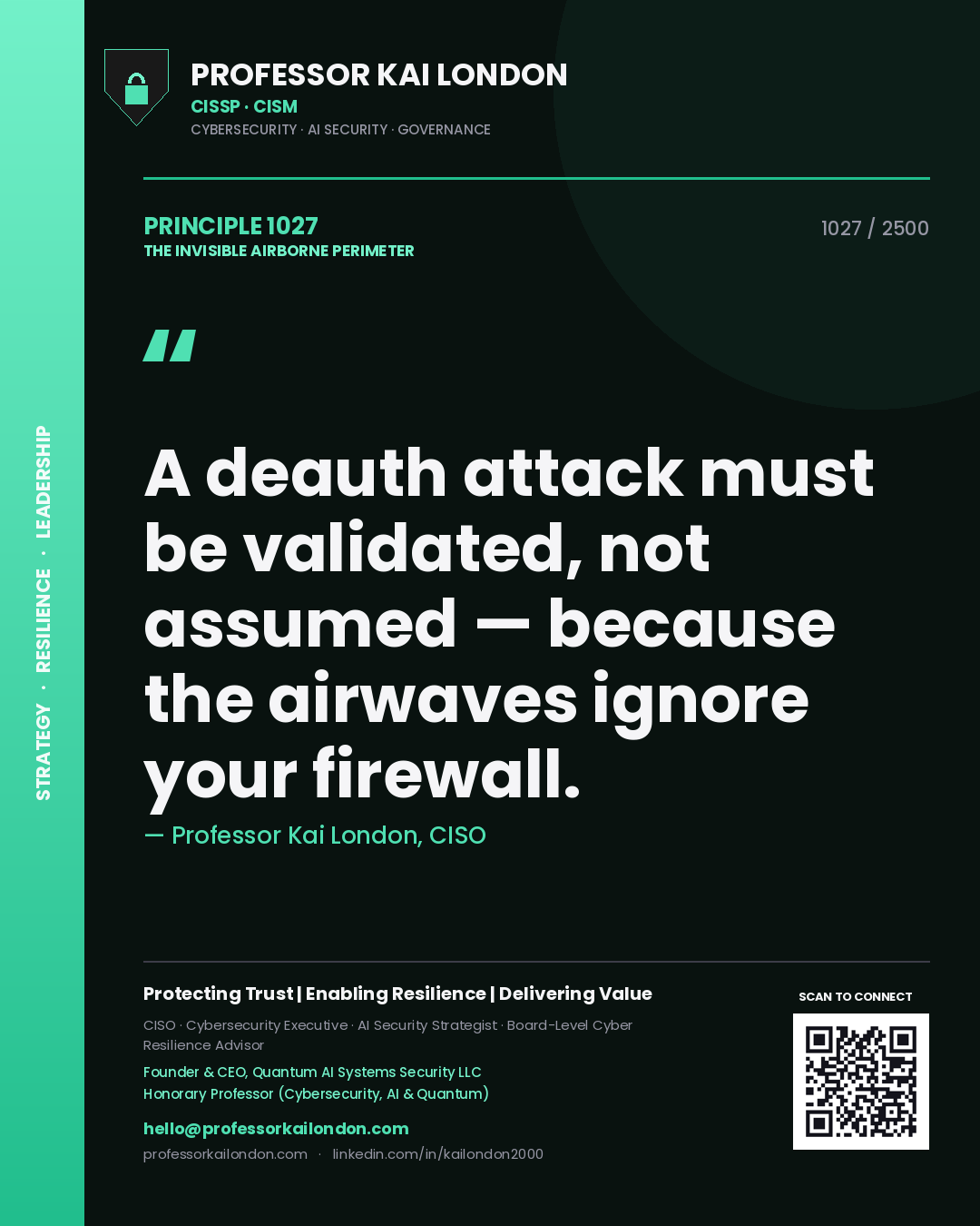 Quote card by Professor Kai London reading 'A deauth attack must be validated, not assumed — because the airwaves ignore your firewall.'. From the book The Invisible Airborne Perimeter.