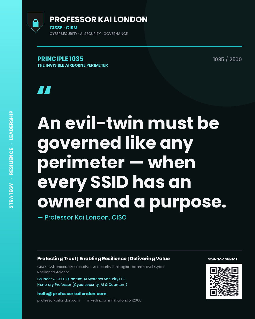 Quote card by Professor Kai London reading 'An evil-twin must be governed like any perimeter — when every SSID has an owner and a purpose.'. From the book The Invisible Airborne Perimeter.