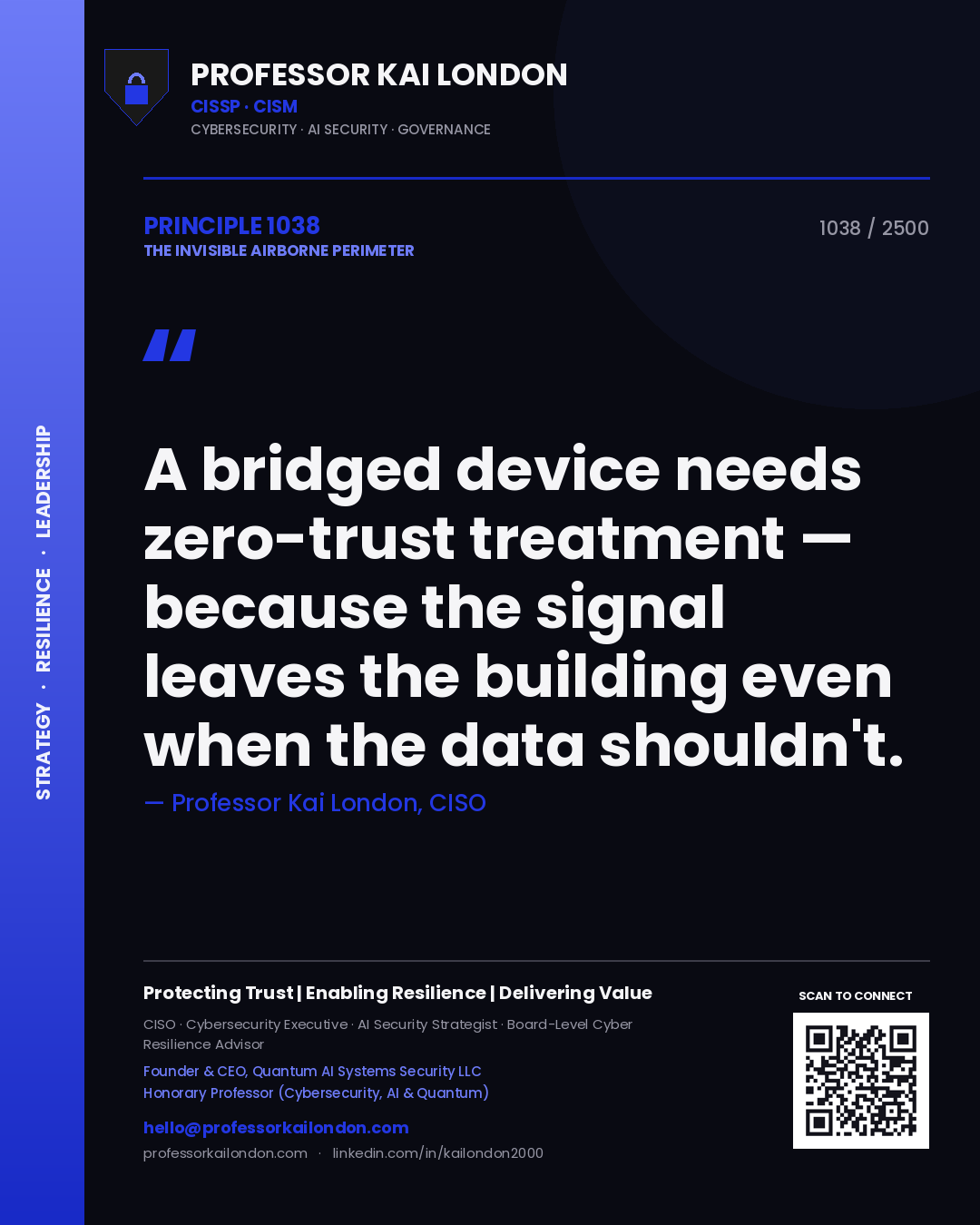 Professor Kai London principle 1038: A bridged device needs zero-trust treatment — because the signal leaves the building even when the data shouldn't.
