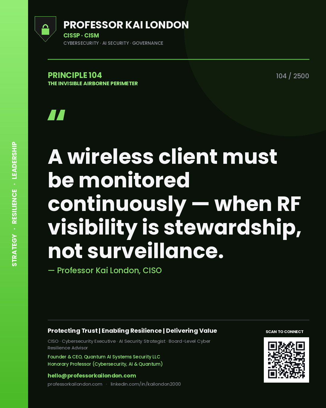Professor Kai London principle 104: A wireless client must be monitored continuously — when RF visibility is stewardship, not surveillance.