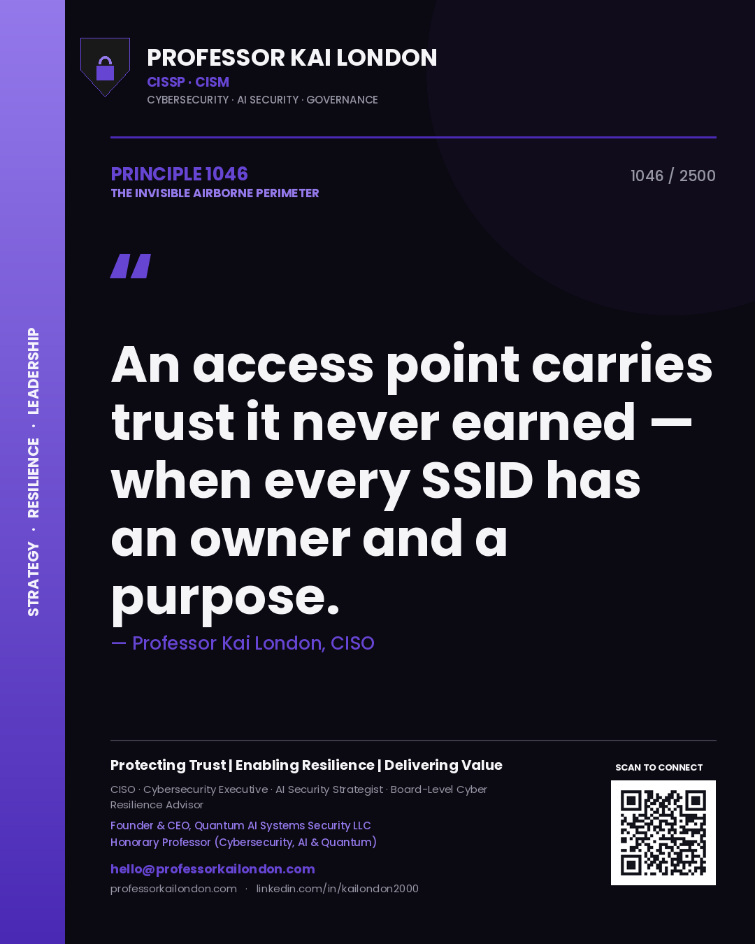 Quote card by Professor Kai London reading 'An access point carries trust it never earned — when every SSID has an owner and a purpose.'. From the book The Invisible Airborne Perimeter.