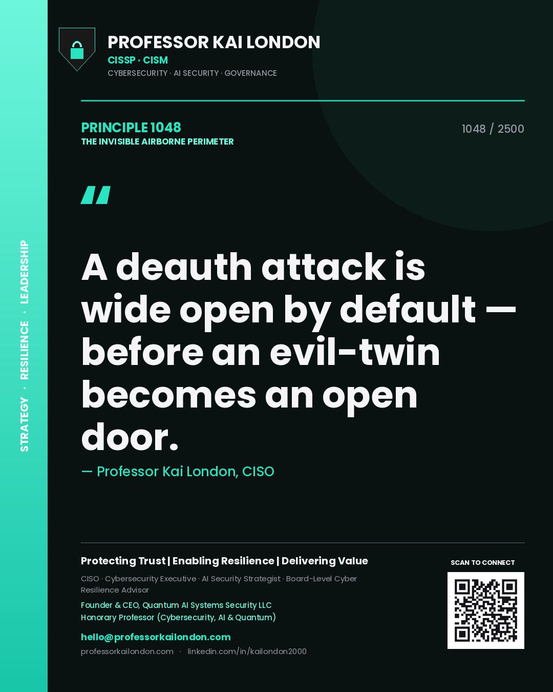 Quote card by Professor Kai London reading 'A deauth attack is wide open by default — before an evil-twin becomes an open door.'. From the book The Invisible Airborne Perimeter.