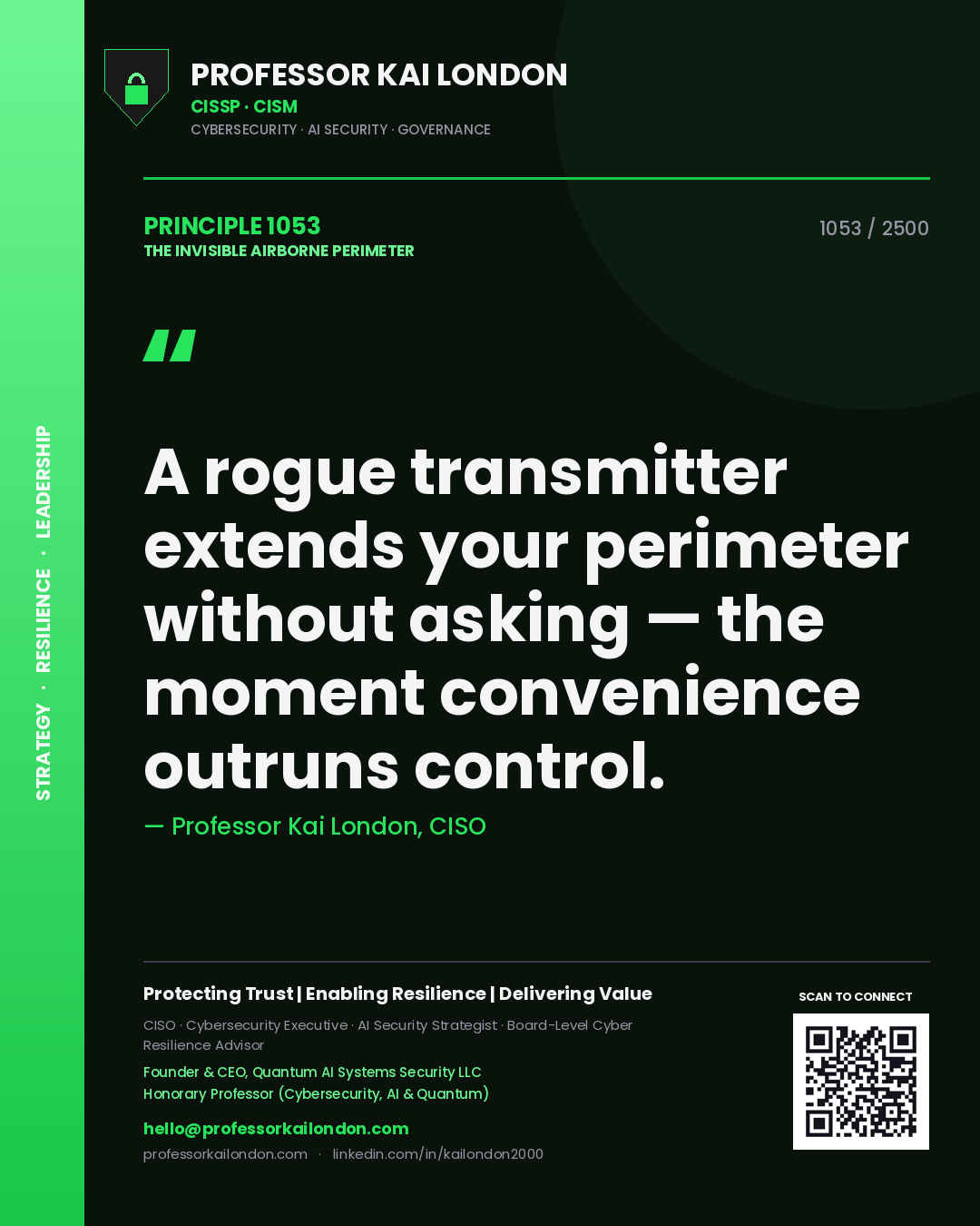 Quote card by Professor Kai London reading 'A rogue transmitter extends your perimeter without asking — the moment convenience outruns control.'. From the book The Invisible Airborne Perimeter.