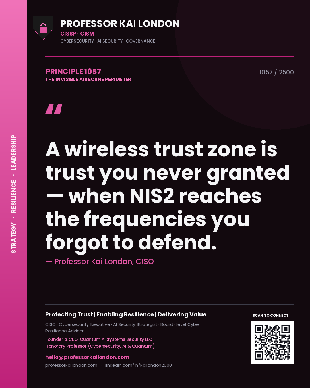 Quote card by Professor Kai London reading 'A wireless trust zone is trust you never granted — when NIS2 reaches the frequencies you forgot to defend.'. From the book The Invisible Airborne Perimeter.