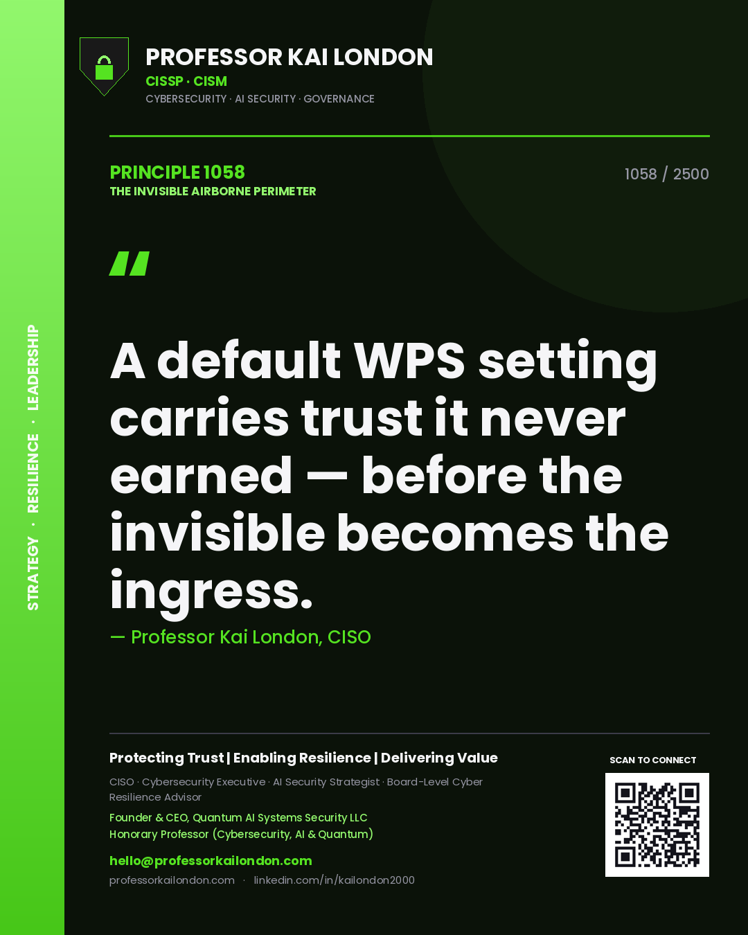 Quote card by Professor Kai London reading 'A default WPS setting carries trust it never earned — before the invisible becomes the ingress.'. From the book The Invisible Airborne Perimeter.