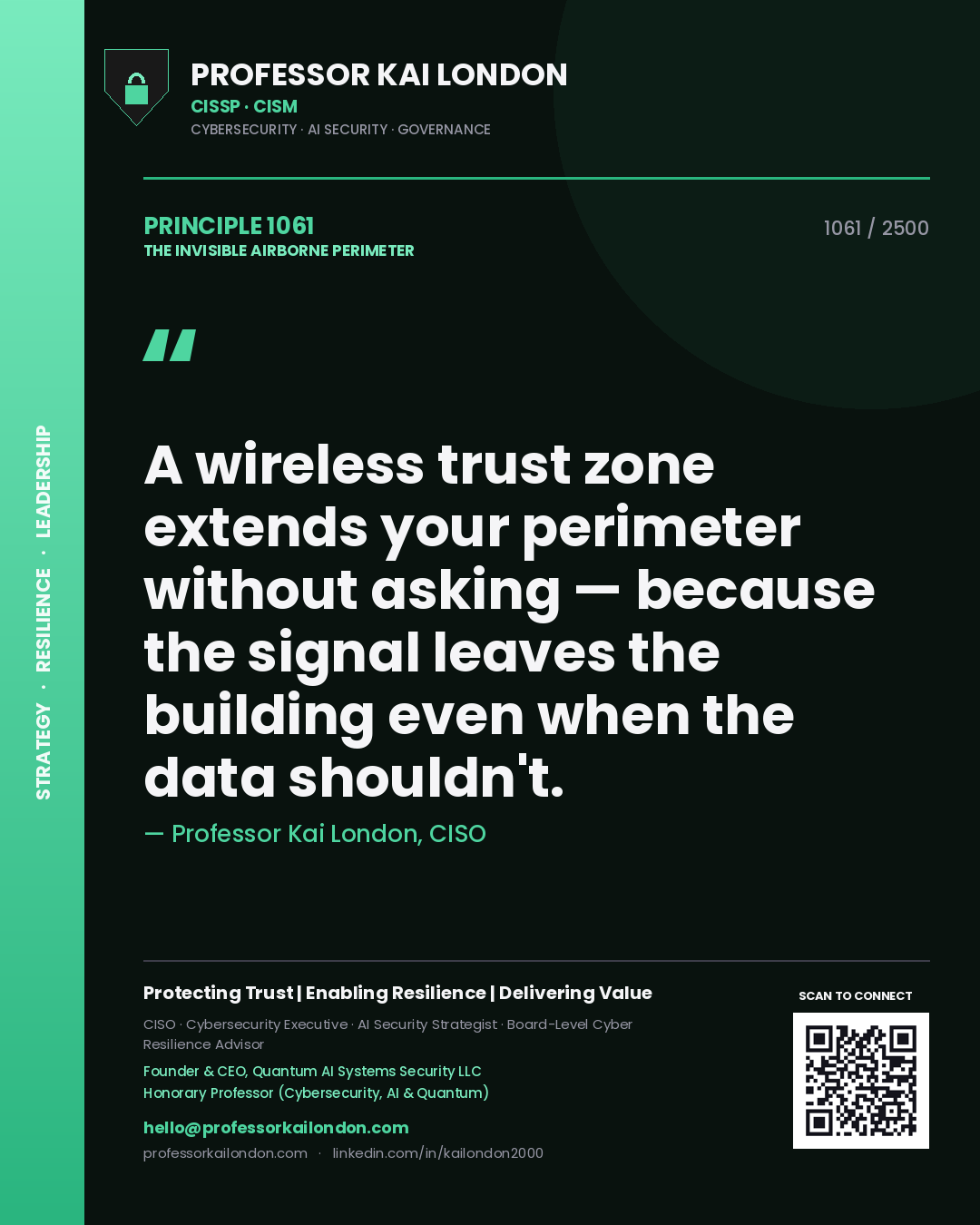 Professor Kai London principle 1061: A wireless trust zone extends your perimeter without asking — because the signal leaves the building even when the data shouldn't.