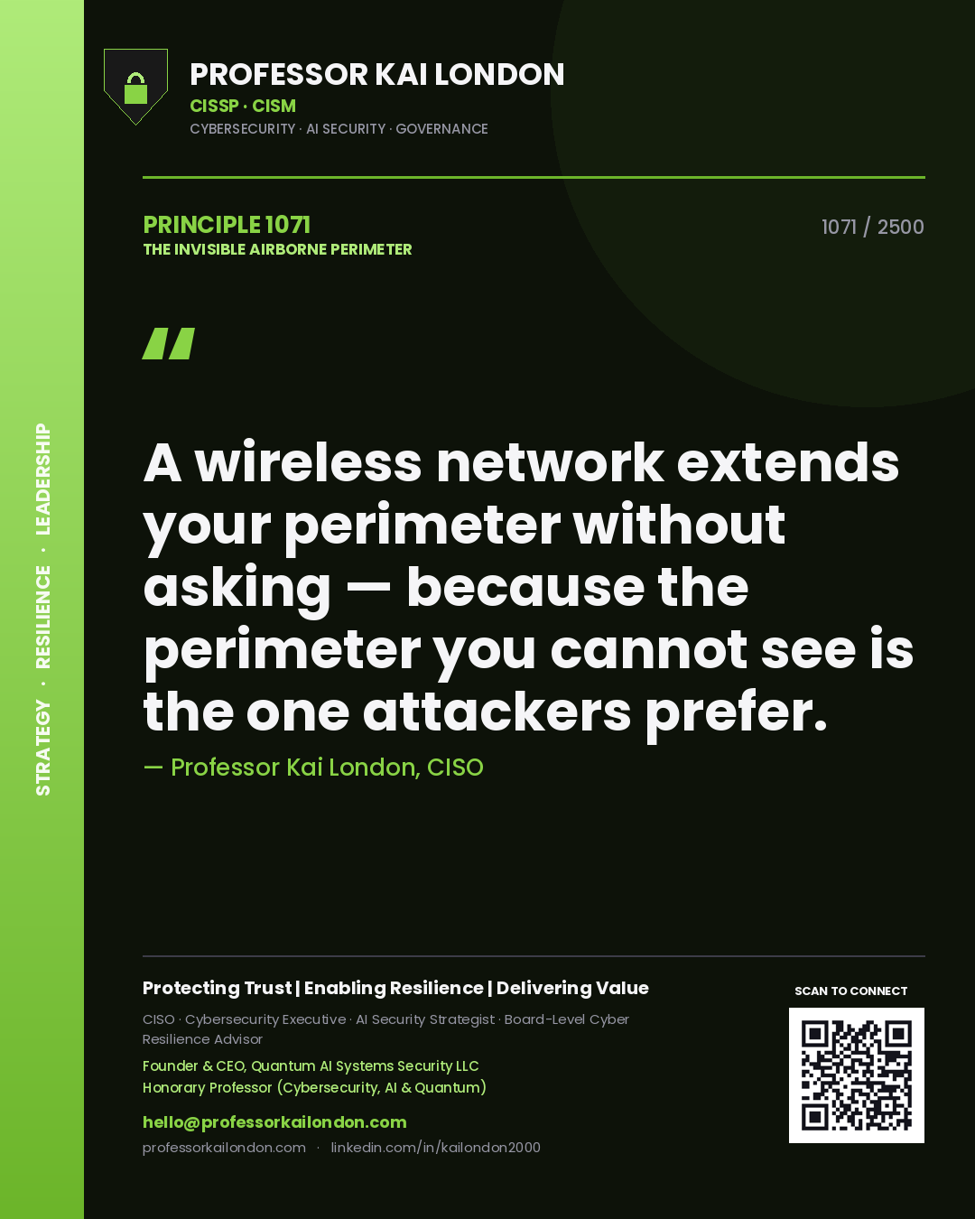 Quote card by Professor Kai London reading 'A wireless network extends your perimeter without asking — because the perimeter you cannot see is the one attackers prefer.'. From the book The Invisible Airborne Perimeter.