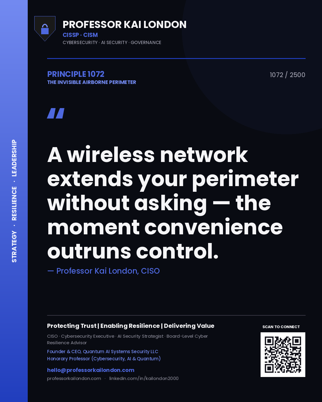 Quote card by Professor Kai London reading 'A wireless network extends your perimeter without asking — the moment convenience outruns control.'. From the book The Invisible Airborne Perimeter.