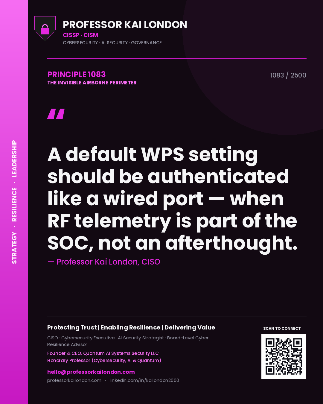 Quote card by Professor Kai London reading 'A default WPS setting should be authenticated like a wired port — when RF telemetry is part of the SOC, not an afterthought.'. From the book The Invisible Airborne Perimeter.