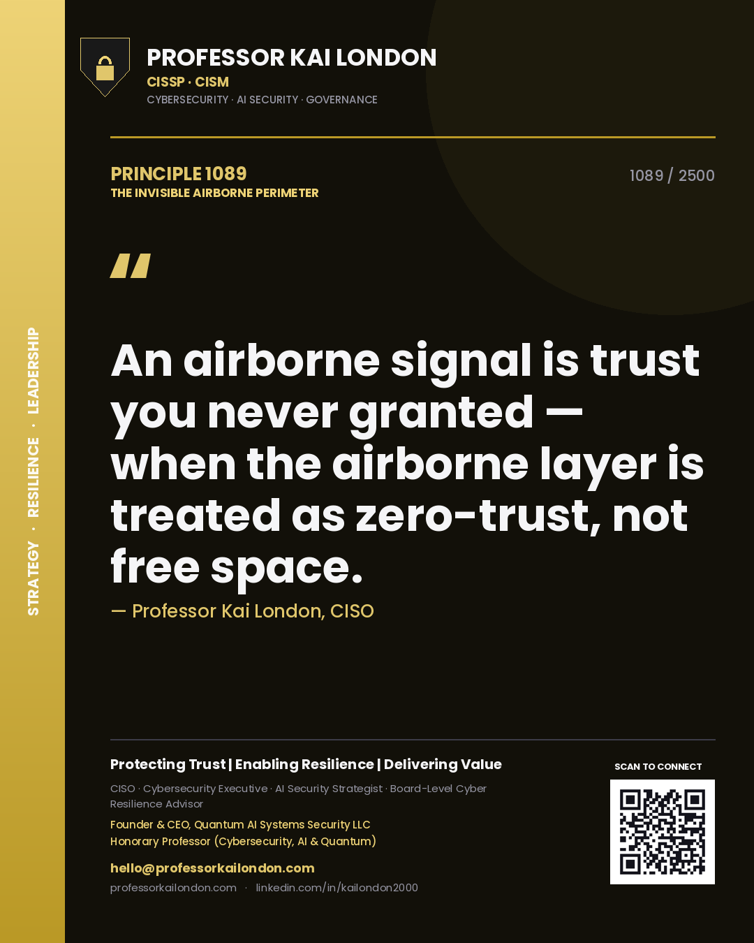 Quote card by Professor Kai London reading 'An airborne signal is trust you never granted — when the airborne layer is treated as zero-trust, not free space.'. From the book The Invisible Airborne Perimeter.