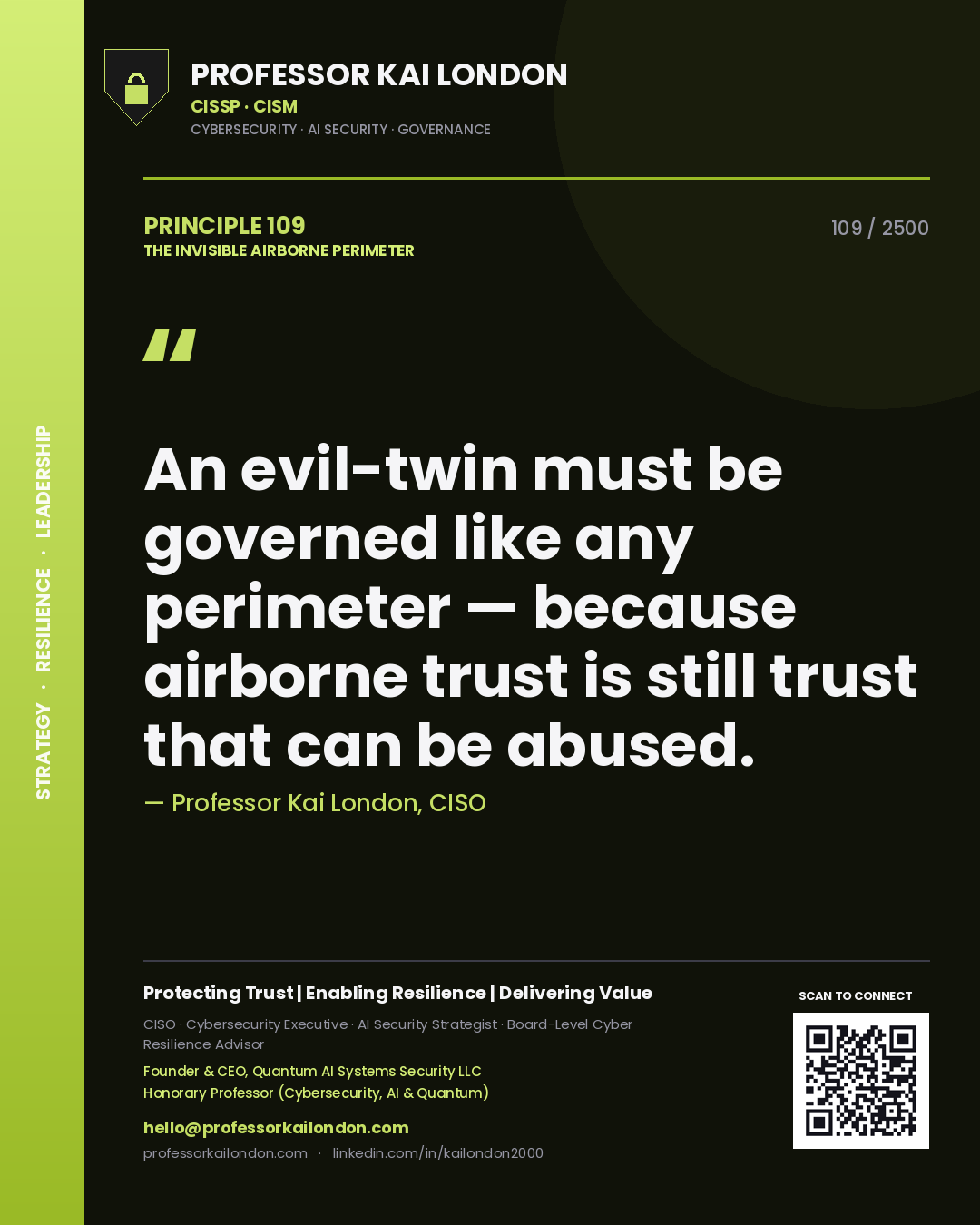 Quote card by Professor Kai London reading 'An evil-twin must be governed like any perimeter — because airborne trust is still trust that can be abused.'. From the book The Invisible Airborne Perimeter.