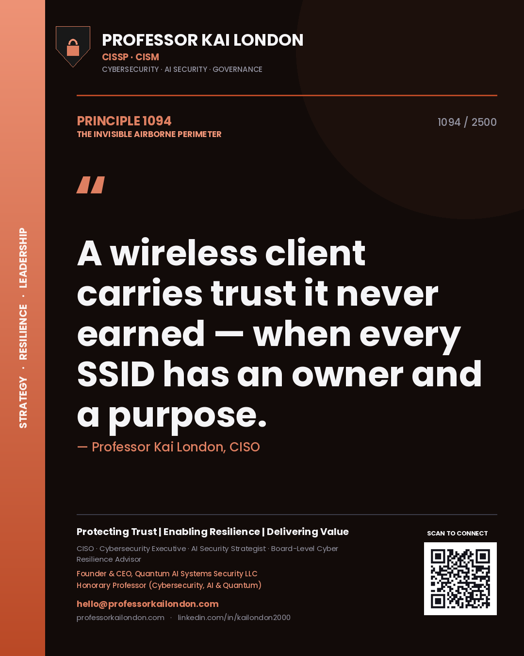 Quote card by Professor Kai London reading 'A wireless client carries trust it never earned — when every SSID has an owner and a purpose.'. From the book The Invisible Airborne Perimeter.