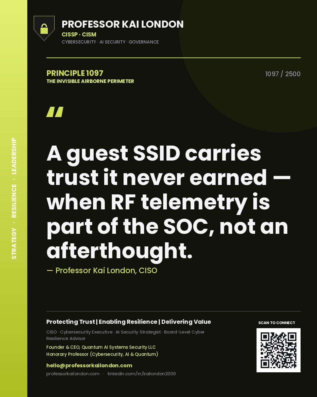 Quote card by Professor Kai London reading 'A guest SSID carries trust it never earned — when RF telemetry is part of the SOC, not an afterthought.'. From the book The Invisible Airborne Perimeter.
