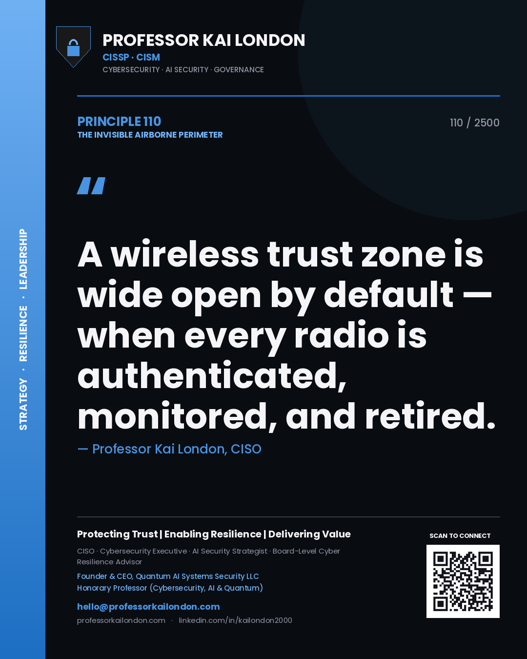 Quote card by Professor Kai London reading 'A wireless trust zone is wide open by default — when every radio is authenticated, monitored, and retired.'. From the book The Invisible Airborne Perimeter.