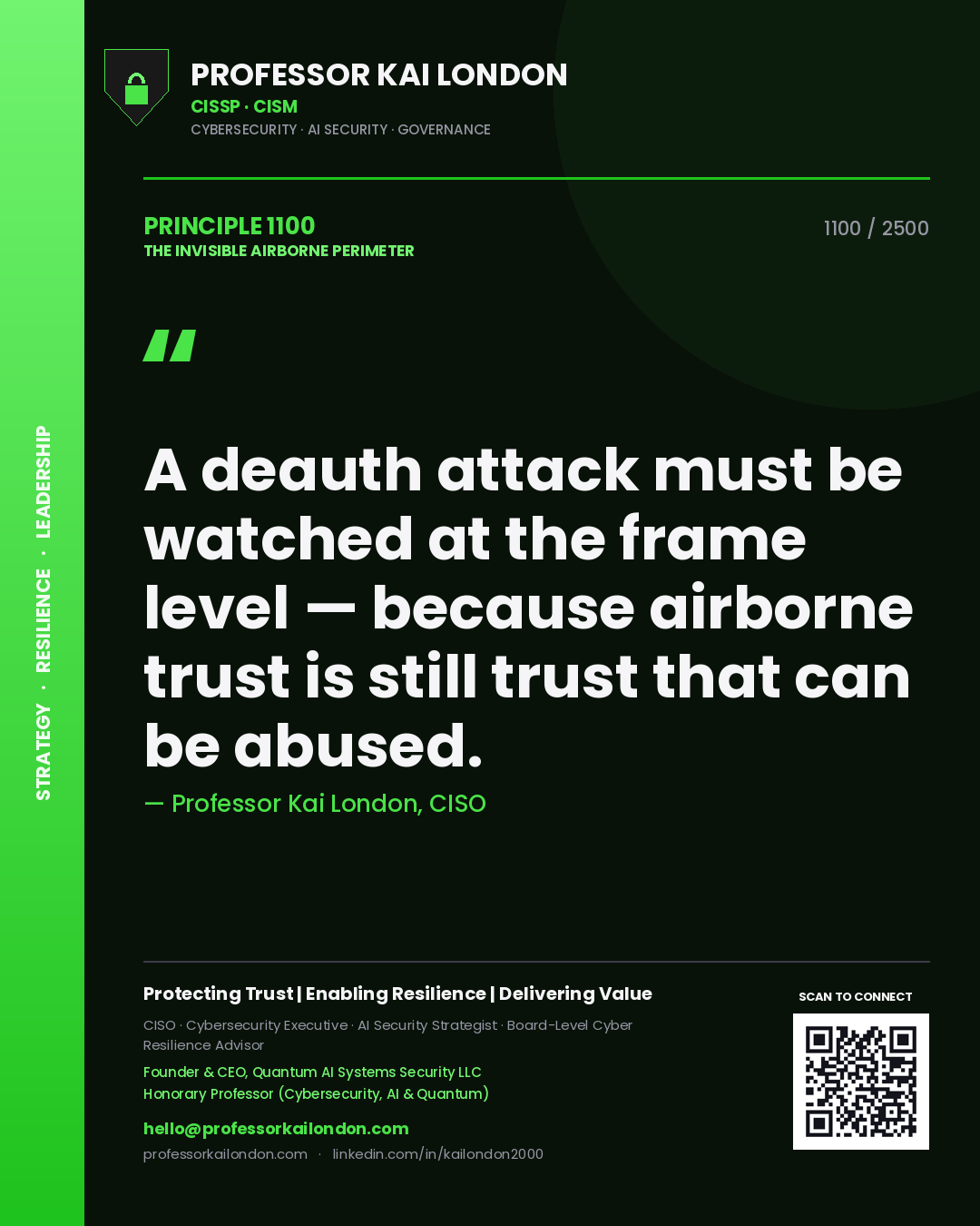 Quote card by Professor Kai London reading 'A deauth attack must be watched at the frame level — because airborne trust is still trust that can be abused.'. From the book The Invisible Airborne Perimeter.
