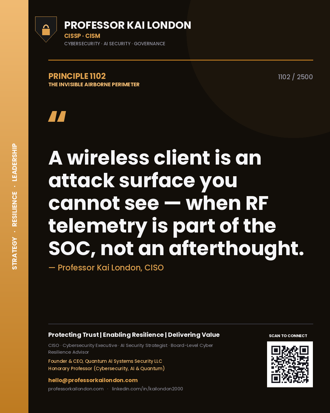 Quote card by Professor Kai London reading 'A wireless client is an attack surface you cannot see — when RF telemetry is part of the SOC, not an afterthought.'. From the book The Invisible Airborne Perimeter.