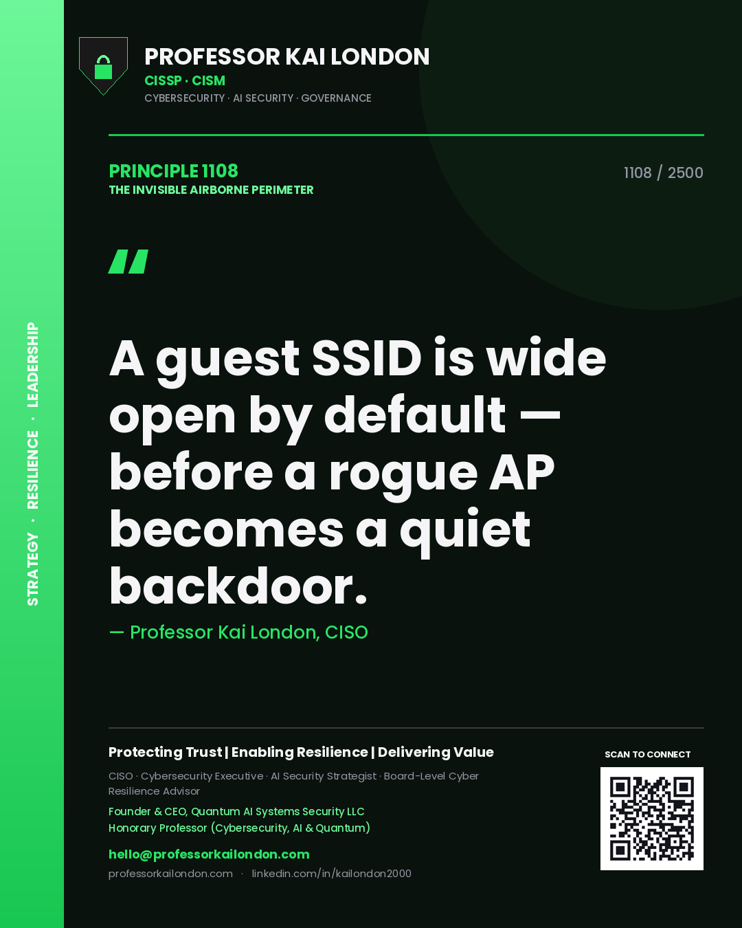 Quote card by Professor Kai London reading 'A guest SSID is wide open by default — before a rogue AP becomes a quiet backdoor.'. From the book The Invisible Airborne Perimeter.