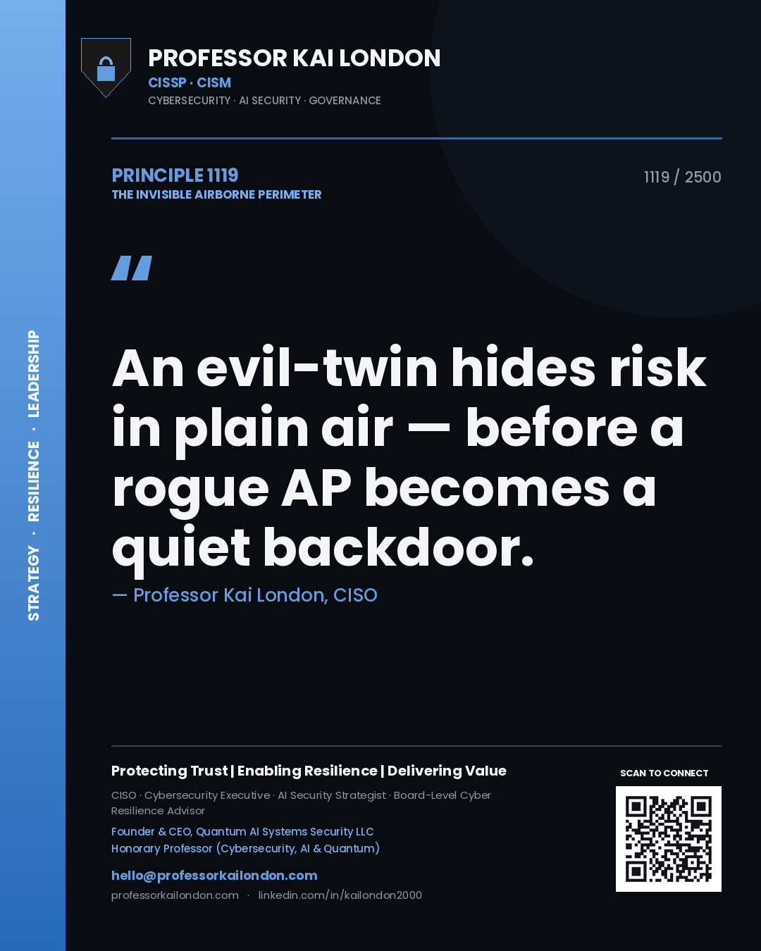 Quote card by Professor Kai London reading 'An evil-twin hides risk in plain air — before a rogue AP becomes a quiet backdoor.'. From the book The Invisible Airborne Perimeter.