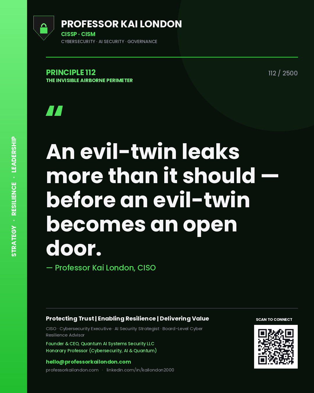 Quote card by Professor Kai London reading 'An evil-twin leaks more than it should — before an evil-twin becomes an open door.'. From the book The Invisible Airborne Perimeter.