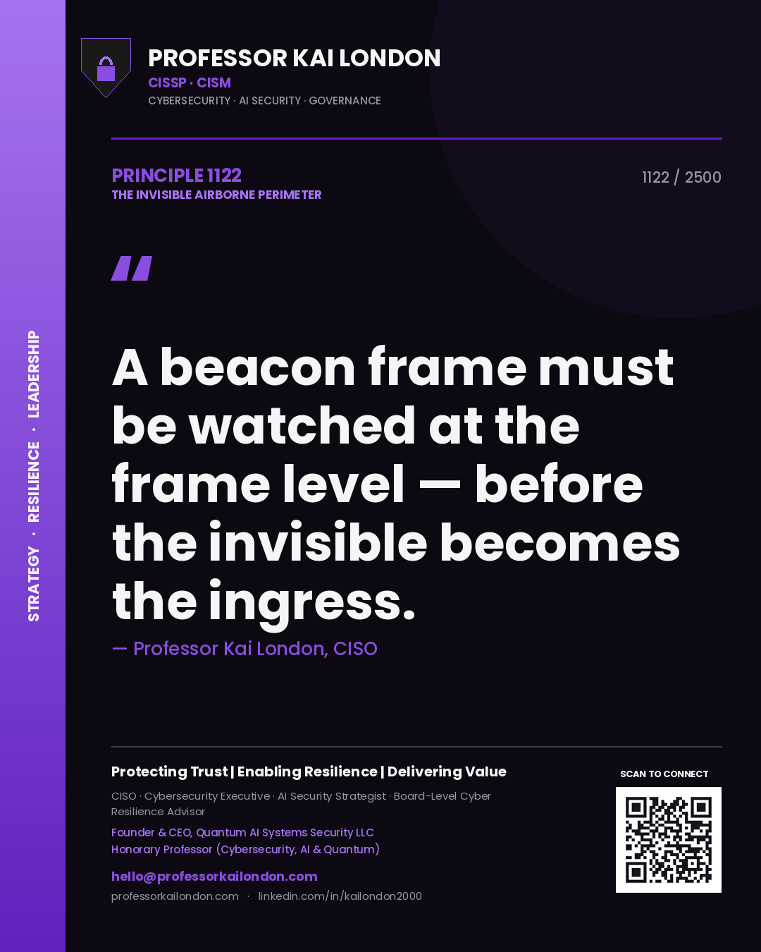 Quote card by Professor Kai London reading 'A beacon frame must be watched at the frame level — before the invisible becomes the ingress.'. From the book The Invisible Airborne Perimeter.