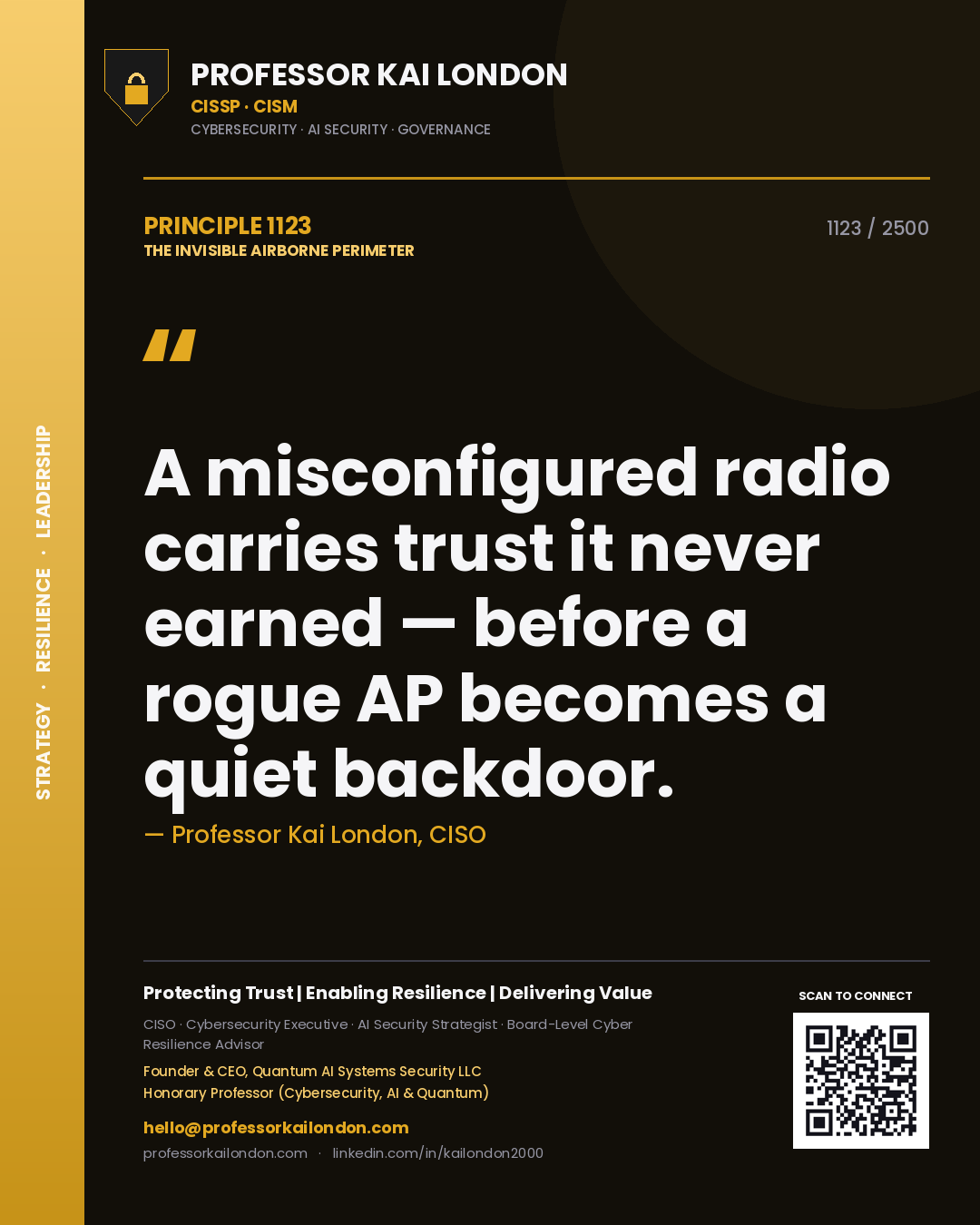 Quote card by Professor Kai London reading 'A misconfigured radio carries trust it never earned — before a rogue AP becomes a quiet backdoor.'. From the book The Invisible Airborne Perimeter.