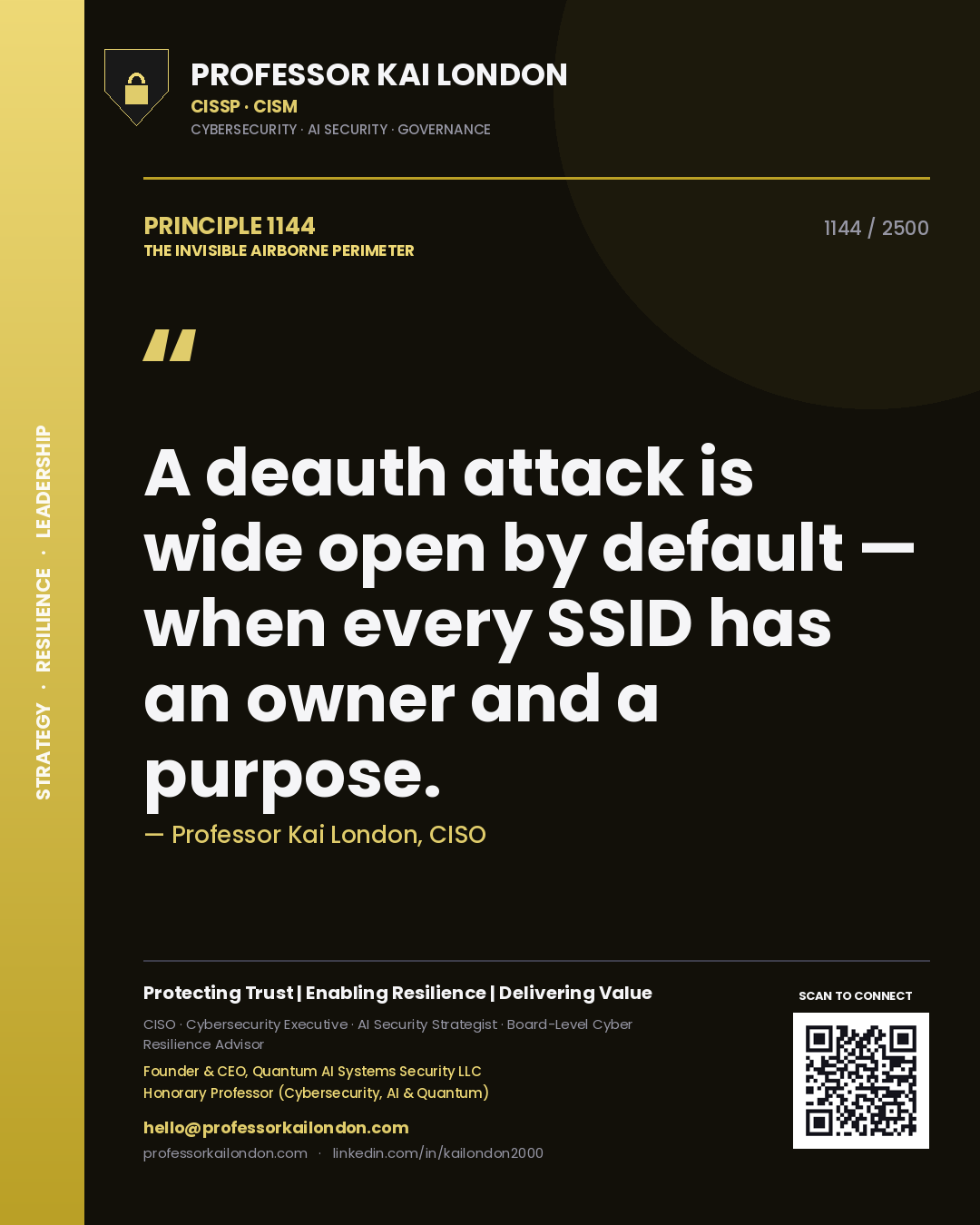 Professor Kai London principle 1144: A deauth attack is wide open by default — when every SSID has an owner and a purpose.