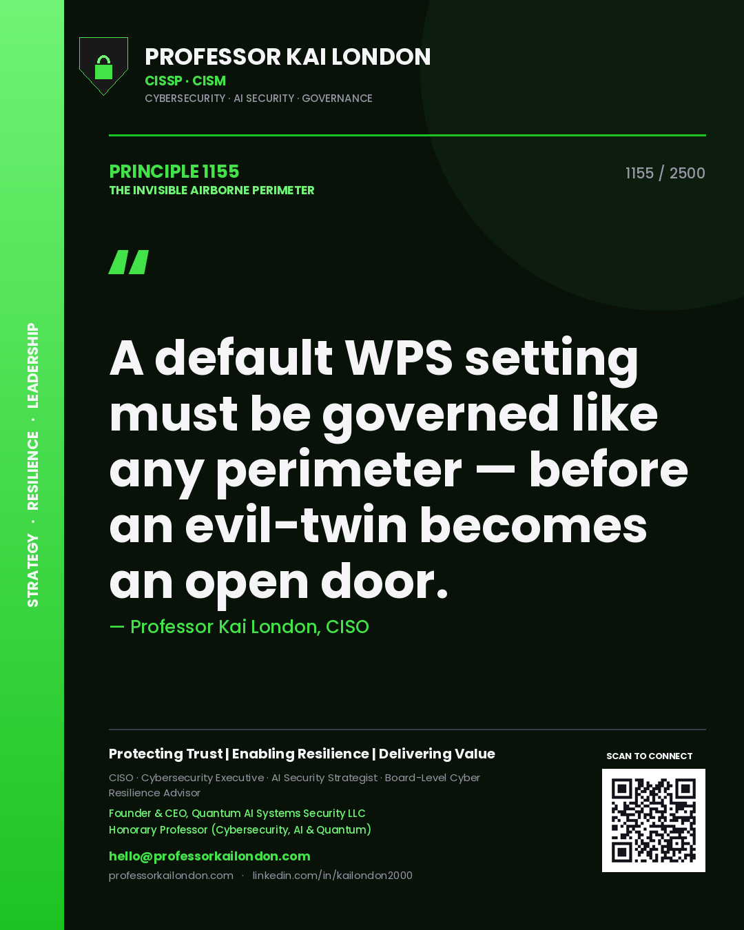 Quote card by Professor Kai London reading 'A default WPS setting must be governed like any perimeter — before an evil-twin becomes an open door.'. From the book The Invisible Airborne Perimeter.
