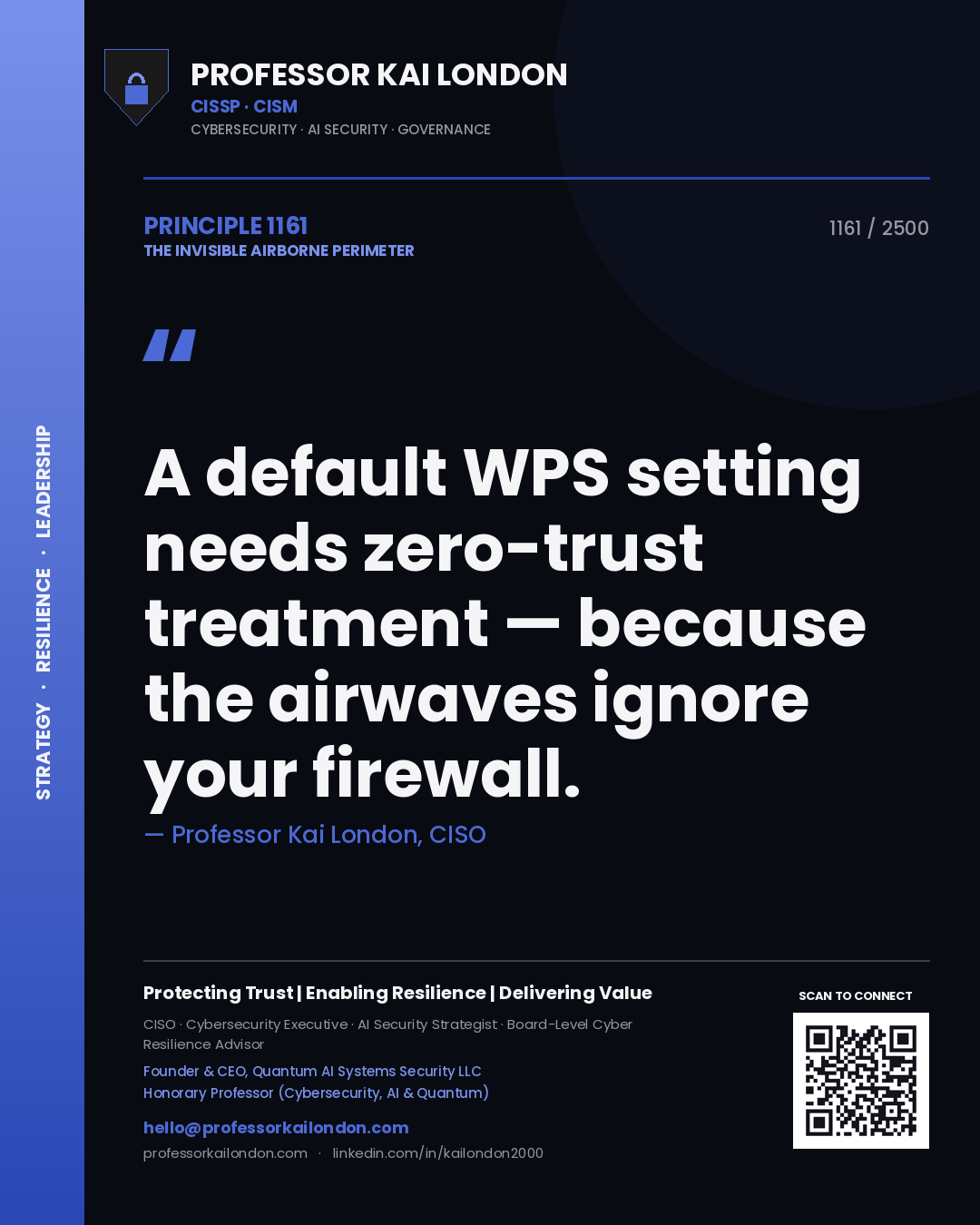 Quote card by Professor Kai London reading 'A default WPS setting needs zero-trust treatment — because the airwaves ignore your firewall.'. From the book The Invisible Airborne Perimeter.