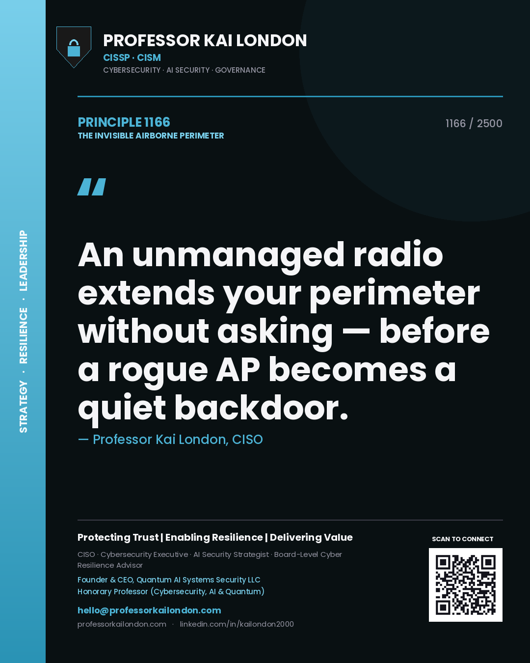 Professor Kai London principle 1166: An unmanaged radio extends your perimeter without asking — before a rogue AP becomes a quiet backdoor.