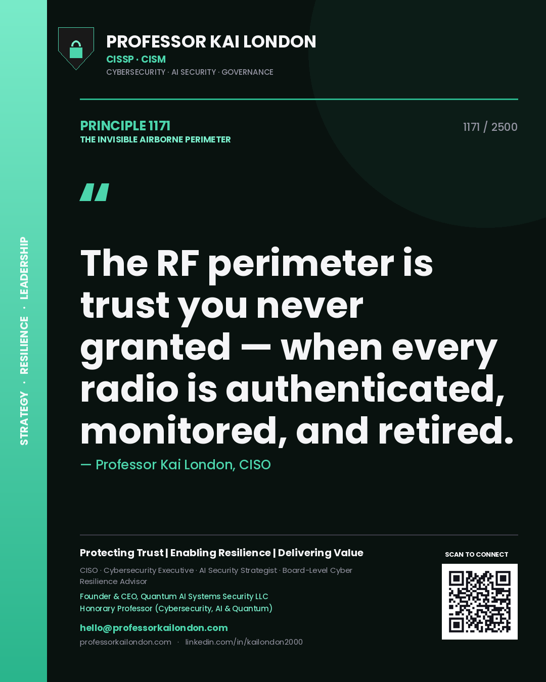 Quote card by Professor Kai London reading 'The RF perimeter is trust you never granted — when every radio is authenticated, monitored, and retired.'. From the book The Invisible Airborne Perimeter.