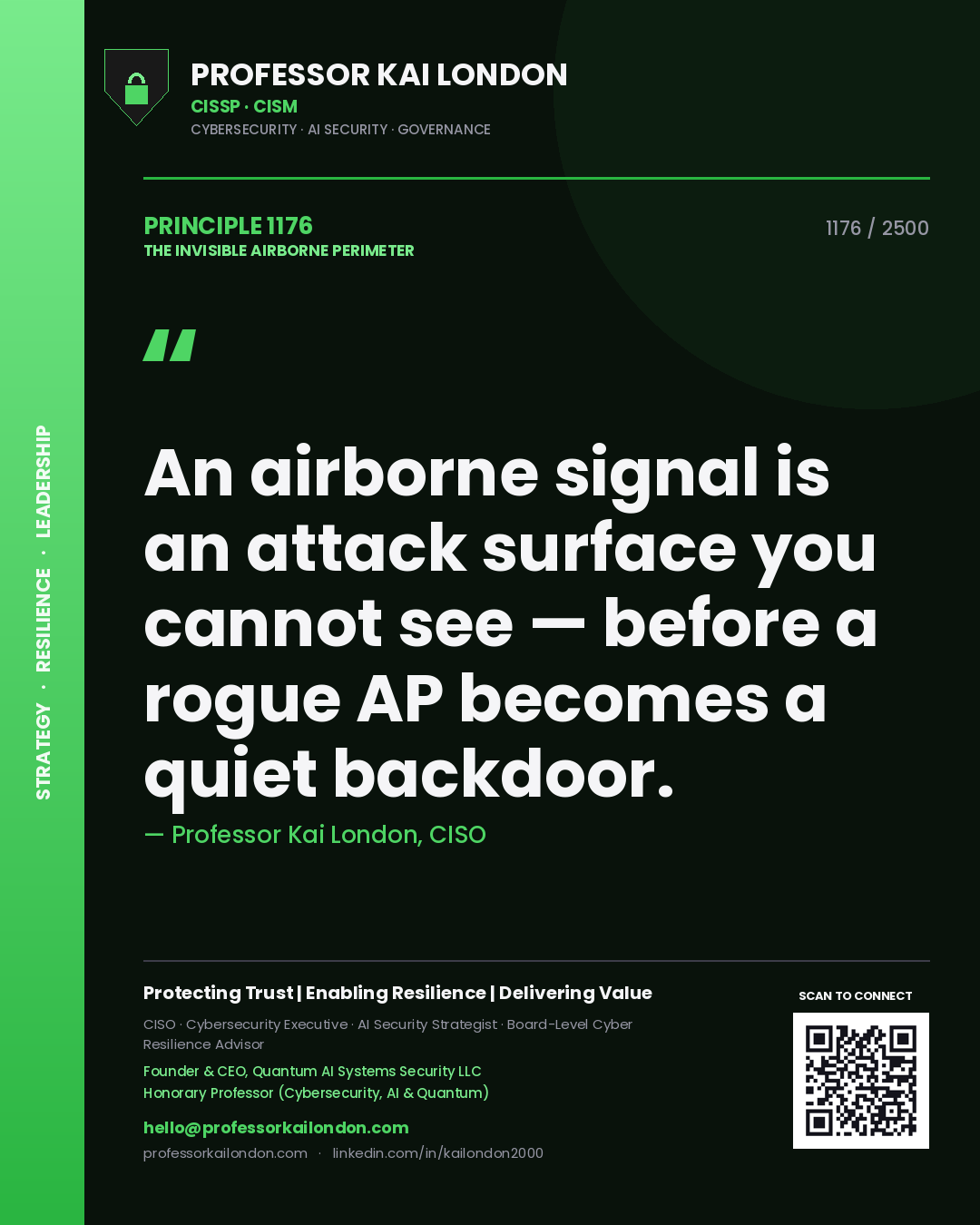 Professor Kai London principle 1176: An airborne signal is an attack surface you cannot see — before a rogue AP becomes a quiet backdoor.