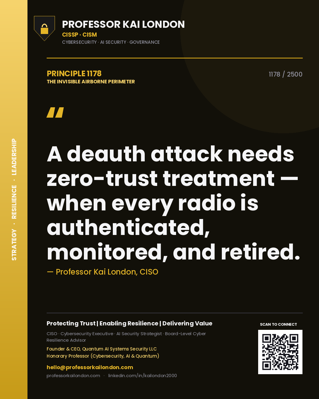 Quote card by Professor Kai London reading 'A deauth attack needs zero-trust treatment — when every radio is authenticated, monitored, and retired.'. From the book The Invisible Airborne Perimeter.