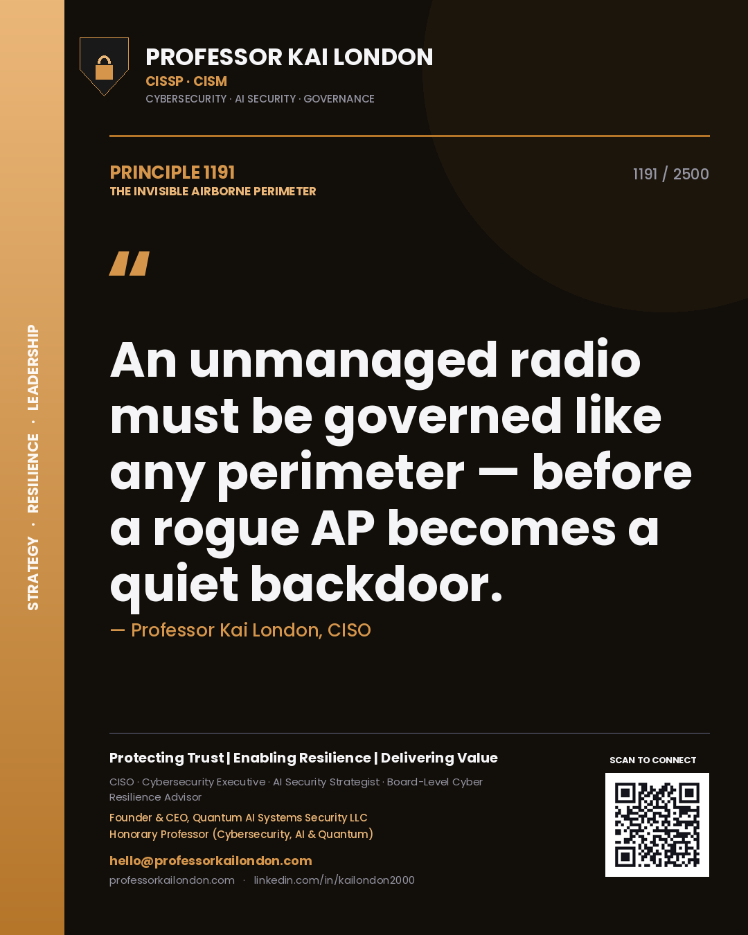 Professor Kai London principle 1191: An unmanaged radio must be governed like any perimeter — before a rogue AP becomes a quiet backdoor.