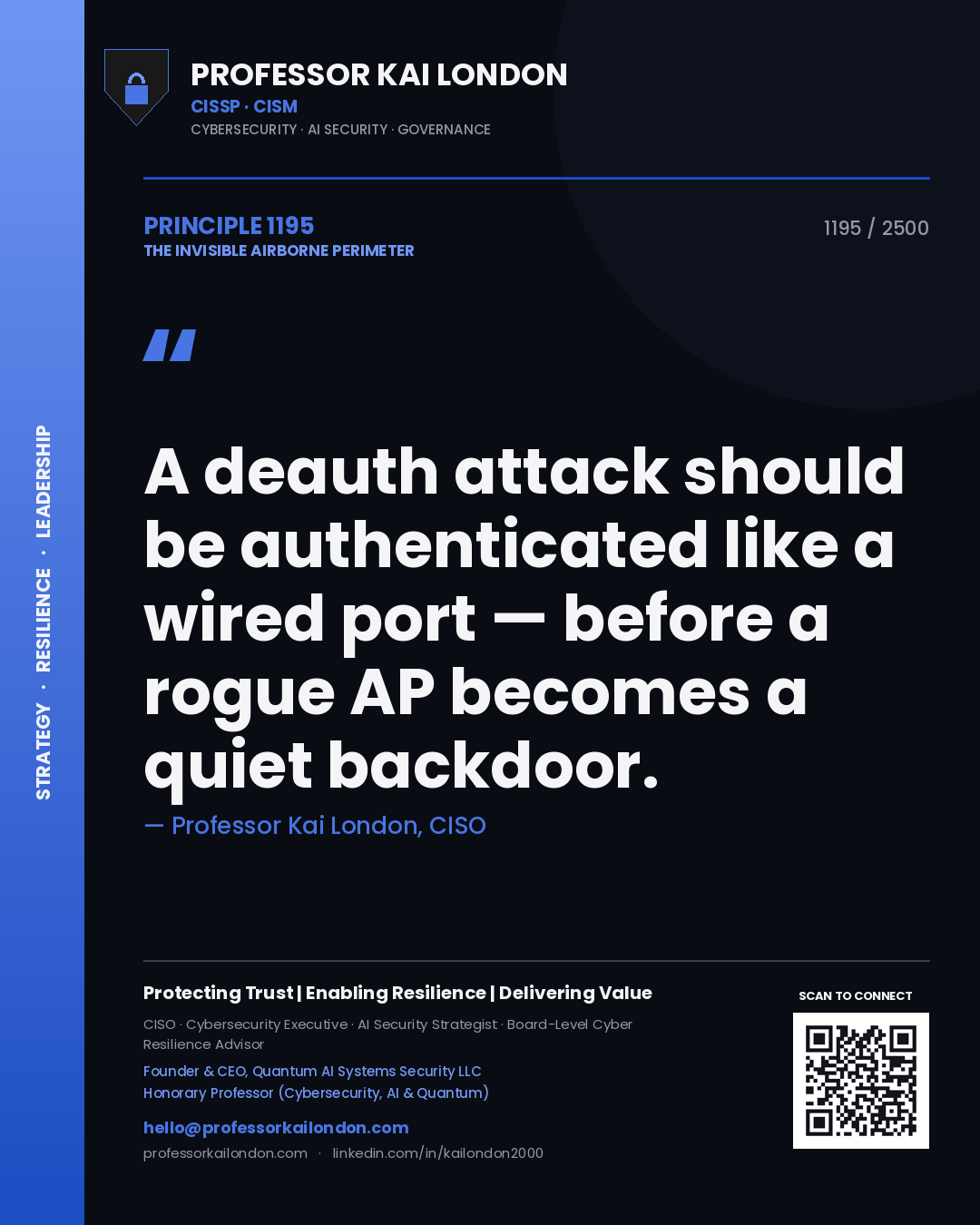 Quote card by Professor Kai London reading 'A deauth attack should be authenticated like a wired port — before a rogue AP becomes a quiet backdoor.'. From the book The Invisible Airborne Perimeter.