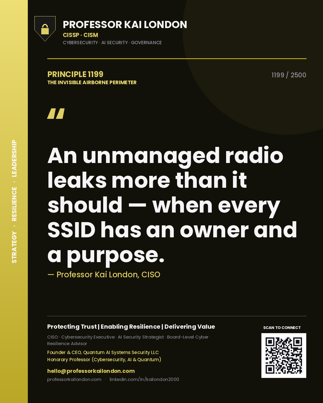 Quote card by Professor Kai London reading 'An unmanaged radio leaks more than it should — when every SSID has an owner and a purpose.'. From the book The Invisible Airborne Perimeter.
