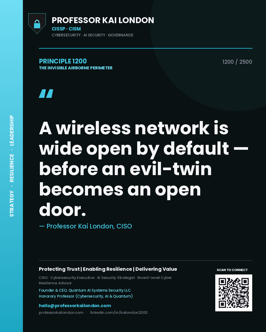 Professor Kai London principle 1200: A wireless network is wide open by default — before an evil-twin becomes an open door.