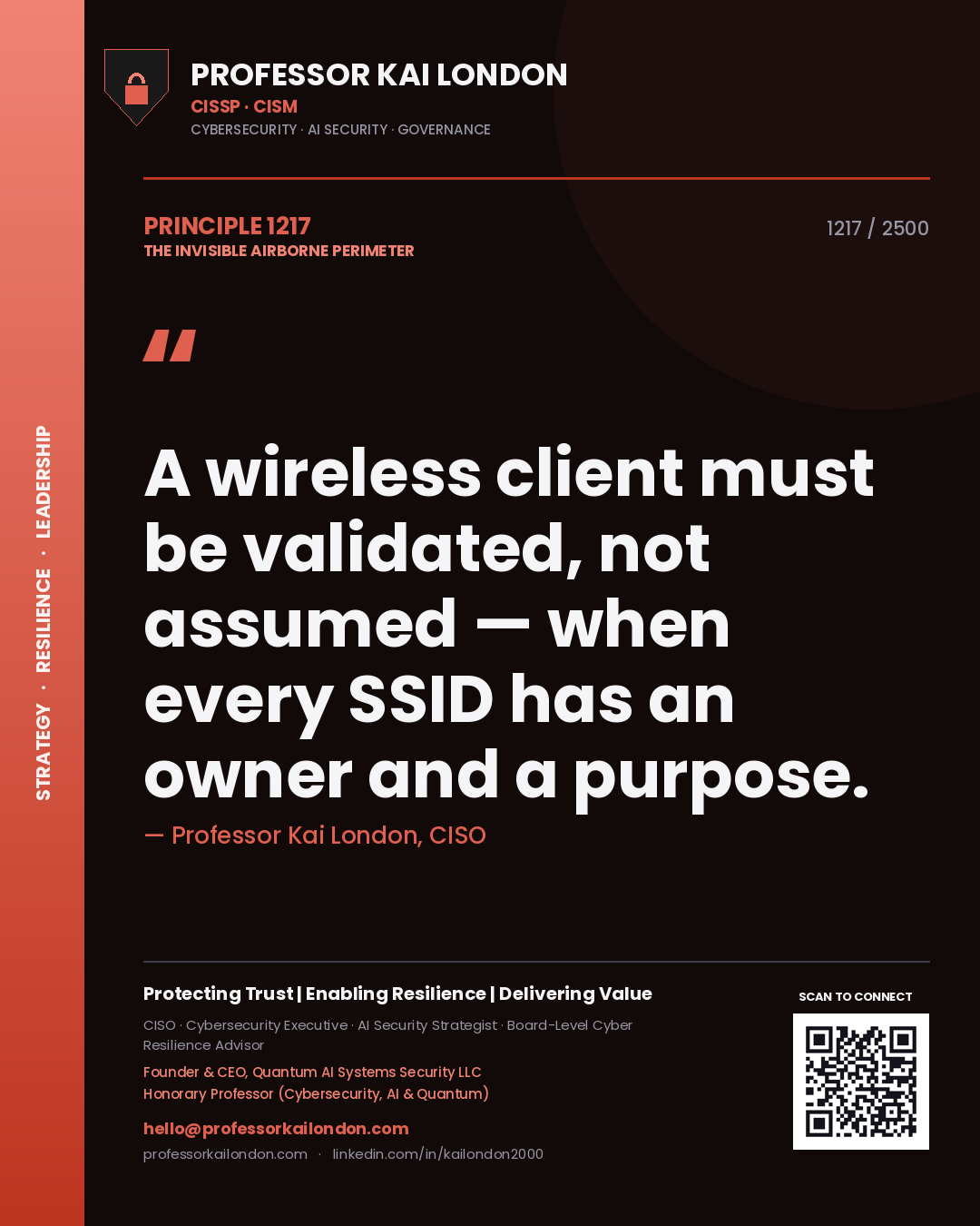Quote card by Professor Kai London reading 'A wireless client must be validated, not assumed — when every SSID has an owner and a purpose.'. From the book The Invisible Airborne Perimeter.