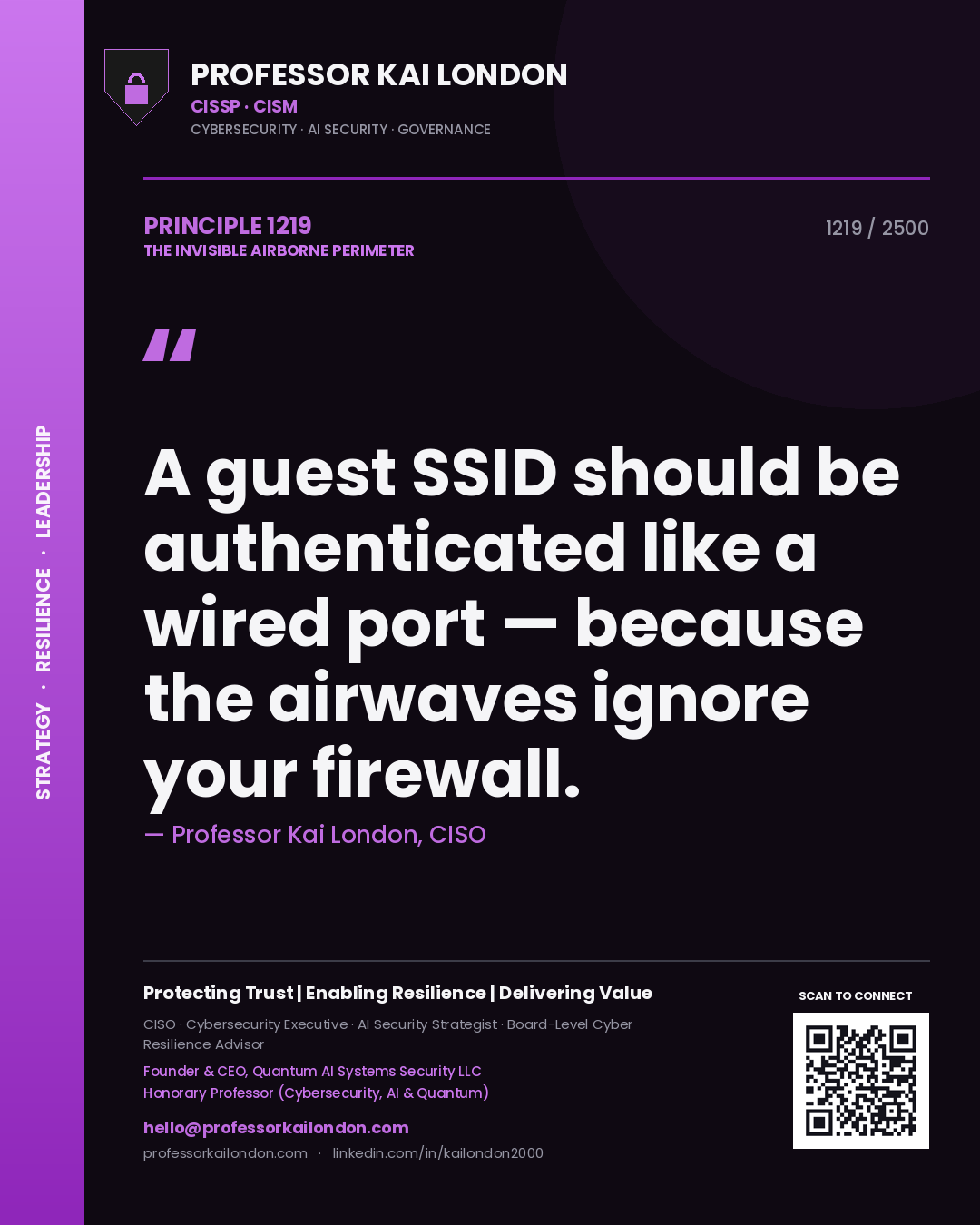 Quote card by Professor Kai London reading 'A guest SSID should be authenticated like a wired port — because the airwaves ignore your firewall.'. From the book The Invisible Airborne Perimeter.