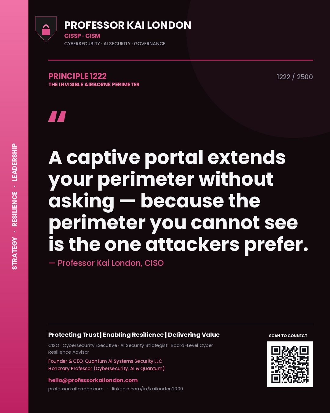 Quote card by Professor Kai London reading 'A captive portal extends your perimeter without asking — because the perimeter you cannot see is the one attackers prefer.'. From the book The Invisible Airborne Perimeter.