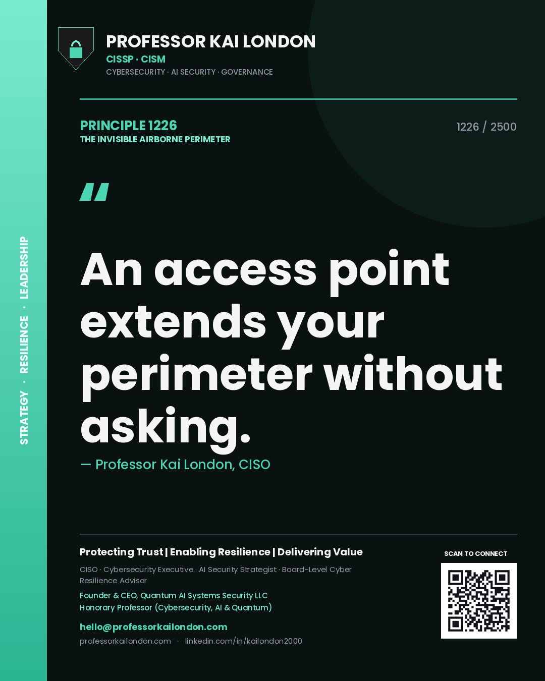 Quote card by Professor Kai London reading 'An access point extends your perimeter without asking.'. From the book The Invisible Airborne Perimeter.