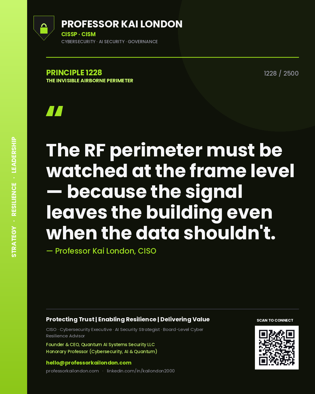Professor Kai London principle 1228: The RF perimeter must be watched at the frame level — because the signal leaves the building even when the data shouldn't.