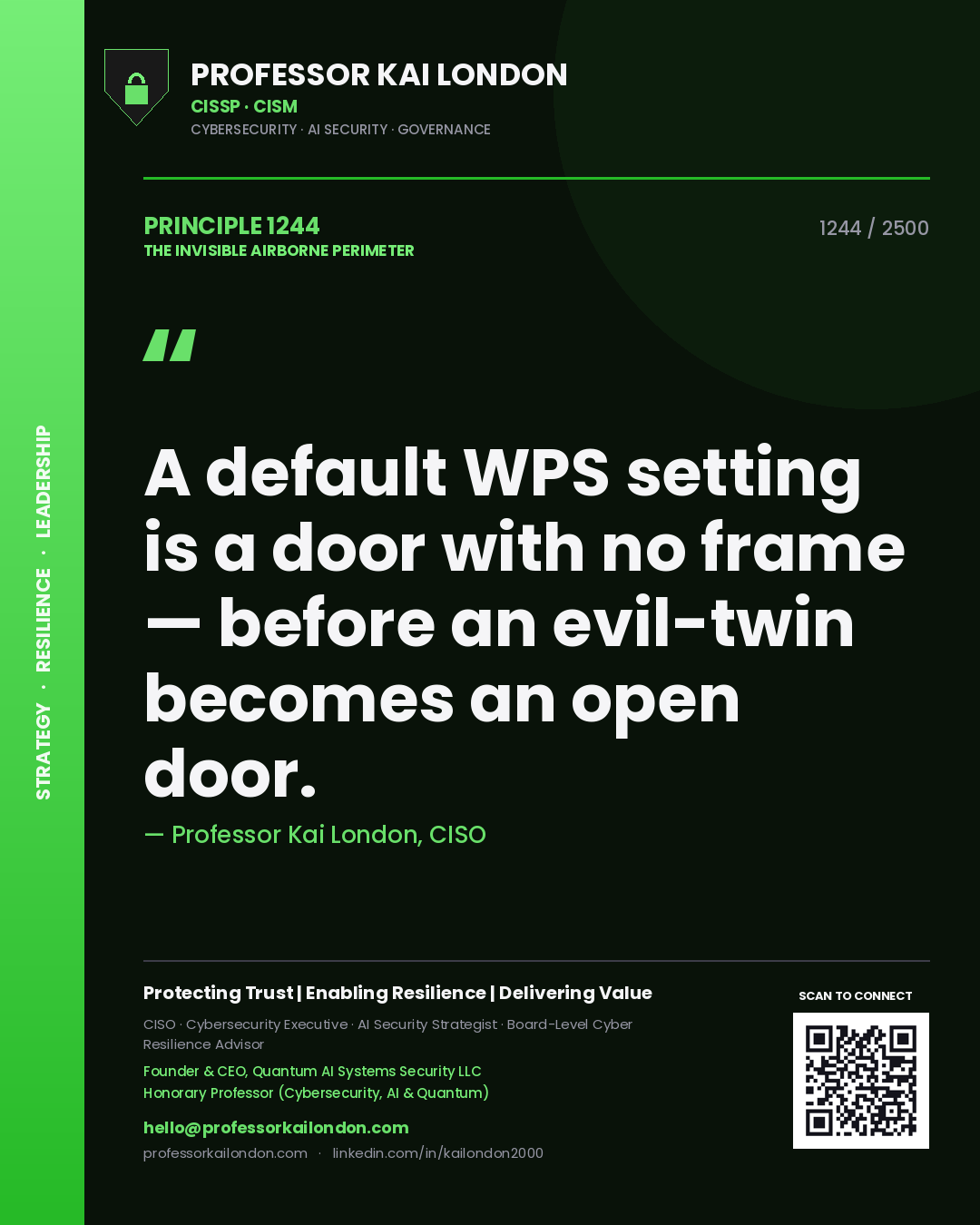 Professor Kai London principle 1244: A default WPS setting is a door with no frame — before an evil-twin becomes an open door.