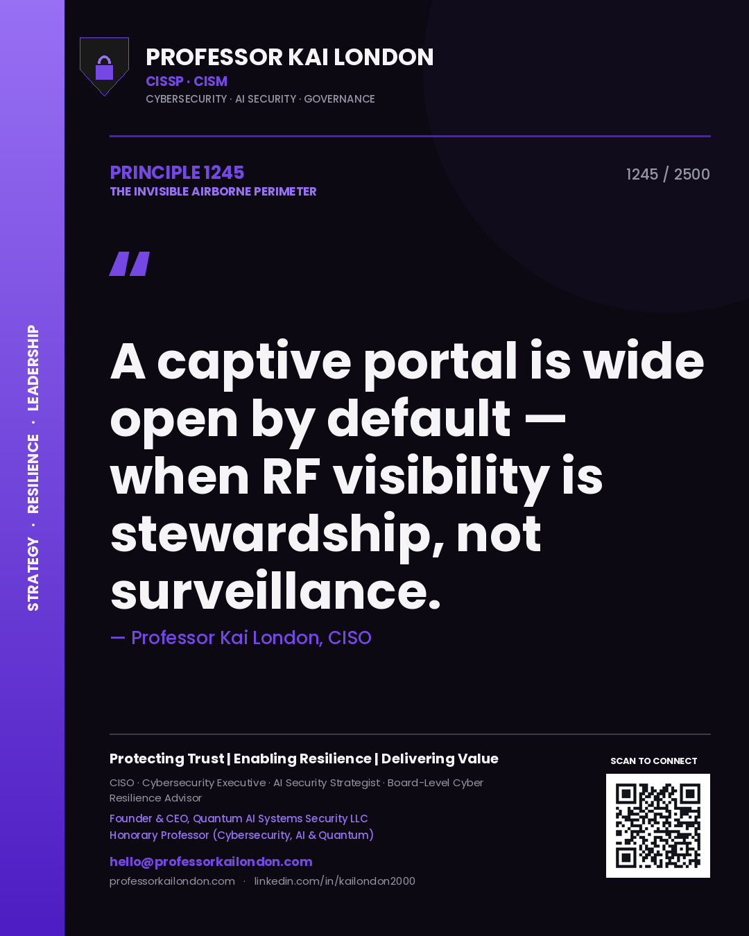 Quote card by Professor Kai London reading 'A captive portal is wide open by default — when RF visibility is stewardship, not surveillance.'. From the book The Invisible Airborne Perimeter.